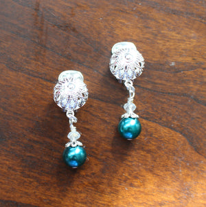 Clip On Earrings Teal Pearl Silver Clip On