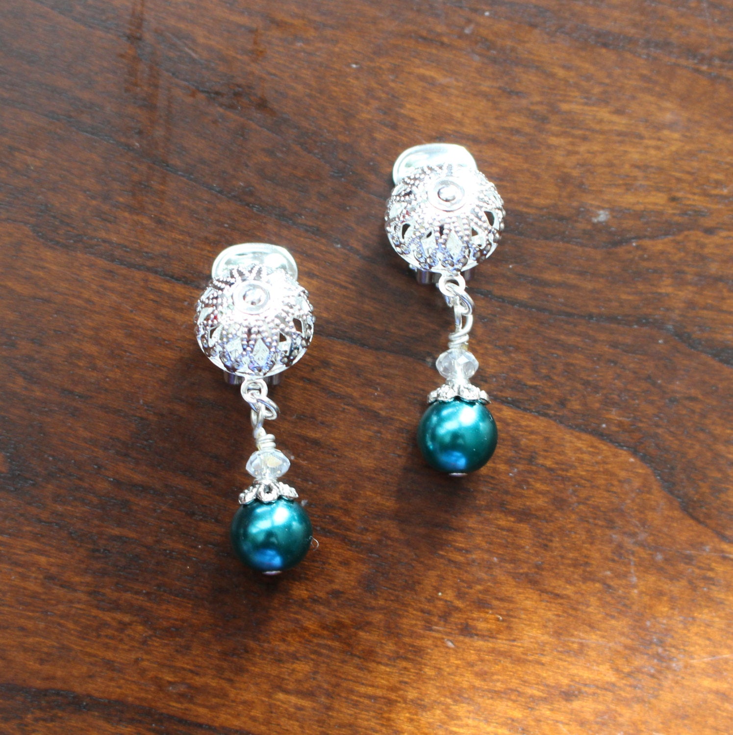 Clip On Earrings Teal Pearl Silver Clip On