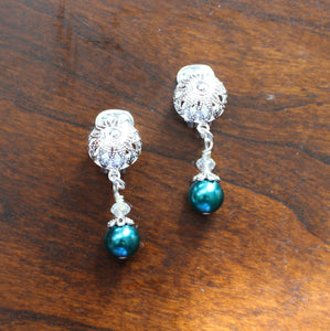 Clip On Earrings Teal Pearl Silver Clip On